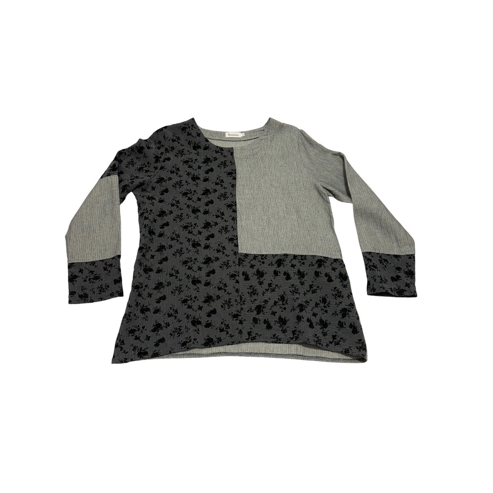 Periwinkle Womens Gray Black Colorblock Floral Long Sleeve Blouse Top‎ Size M